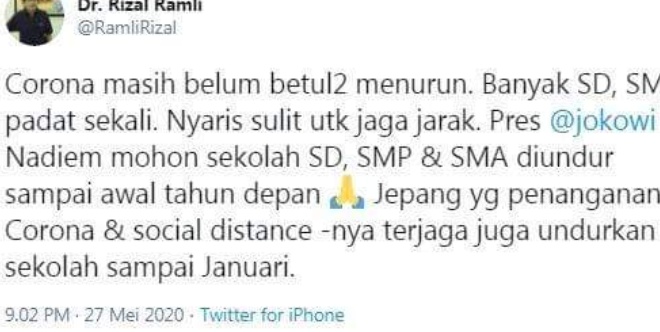 Rizal Ramli Meminta Kepada Presiden Agar Sekolah Ditutup Hingga Awal Tahun 2021
